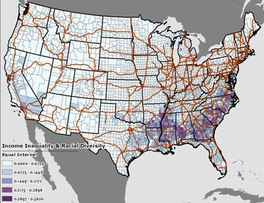 Exhibit 3: Distribution of the Combined Income Inequality and Localized Diversity Indexes for the Contiguous 48 States With an Overlay of Major Highways (equal interval classification) Exhibit 3: Distribution of the Combined Income Inequality and Localized Diversity Indexes for the Contiguous 48 States With an Overlay of Major Highways (equal interval classification)
