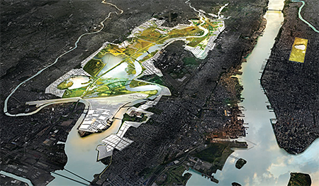 This rendering depicts an aerial view of New Meadowlands, a winning Rebuild By Design proposal.