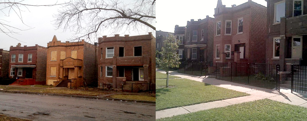 Two photographs, before and after renovation, of the front façades of several two-story detached houses.