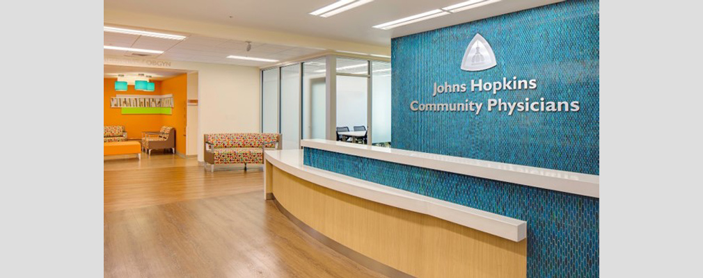 Photograph of the lobby of the Johns Hopkins Community Physicians medical practice. 