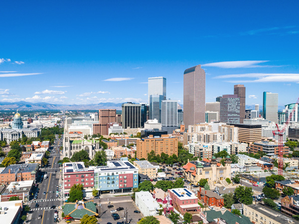 An aerial view of the Denver, Colorado skyline.