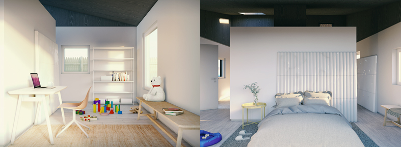 Side by side renderings of an interior space. (Left) A room with a chair, desk and laptop on the left wall; a bookshelf on the backwall; a bench on the right wall; a rug and toys on the floor. (Right) A bedroom with a rug, nightstand, slippers, and a dog pad.