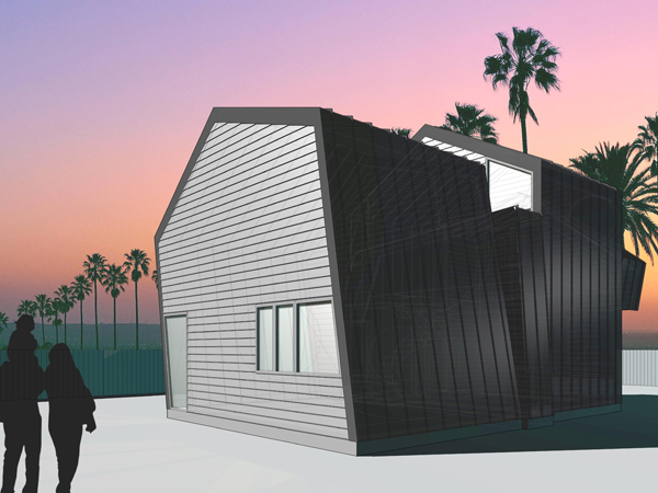 Rendering of a family silhouette in front of a two-story, asymmetrical building with palm trees and a sunset in the background.