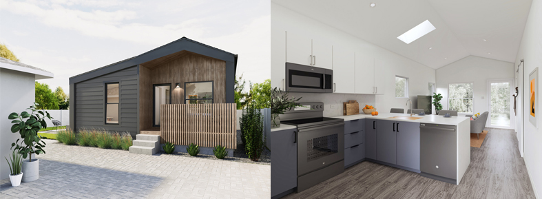 Side by side architectural renderings. (Left) An exterior rendering of a single-story building with steps leading to a front porch and framed with green landscaping. (Right) An interior rendering of a kitchen with bar seating, a living room in the background with windows.