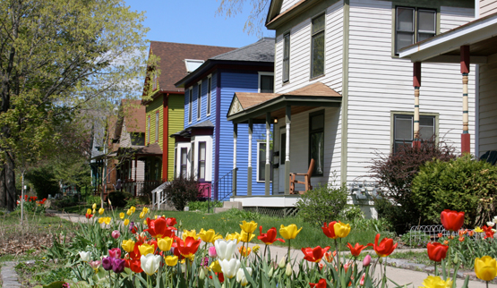 Photograph of several two-story detached houses along a street, with blooming tulips in the foreground.