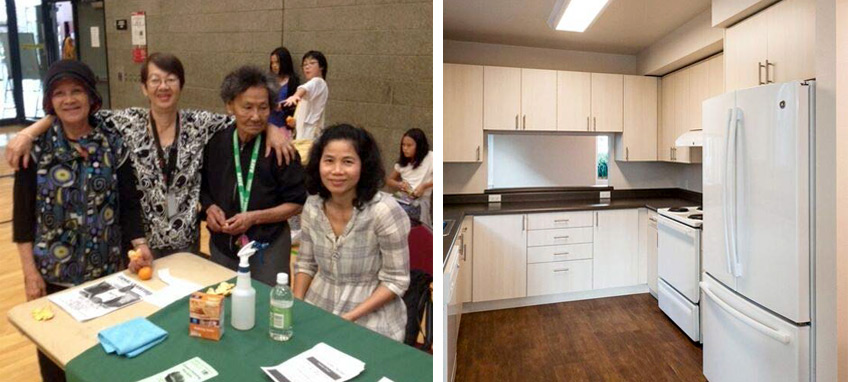 Women staffing the Yesler Terrace healthy homes desk at a health fair (left). Renovated Yesler Terrace kitchen (right).