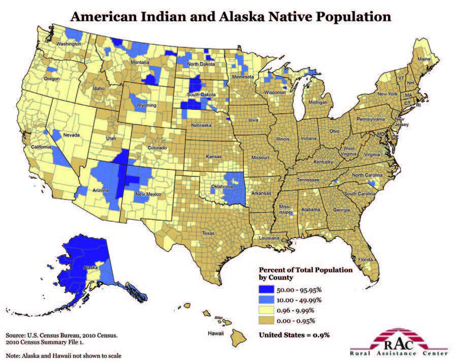 A map of the United States showing the concentration of American Indian and Alaska Native Population.
