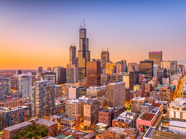 A photo of the Chicago skyline. A photo of the Chicago skyline.